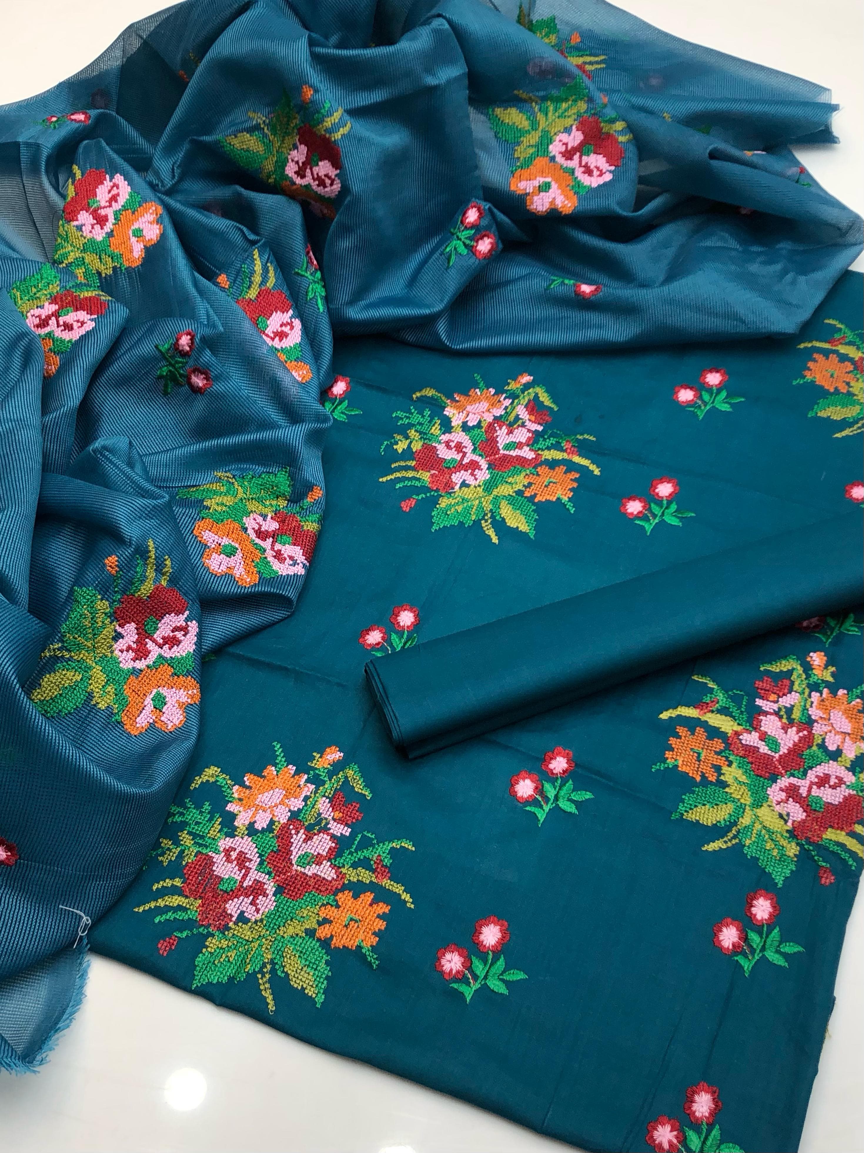 cotton Lawn Cross Stitch Computer Embroidery 3 Pcs Suit