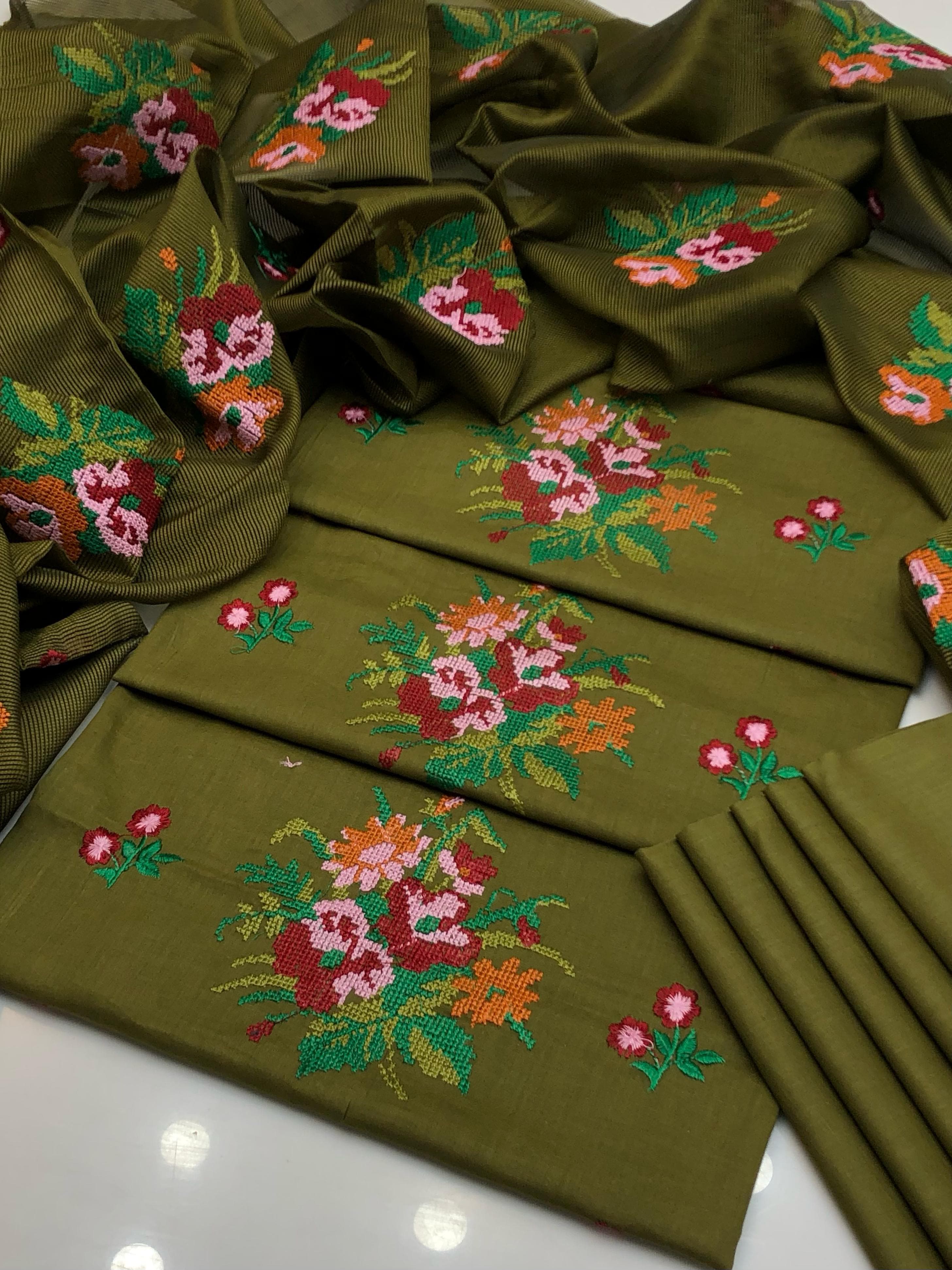 cotton Lawn Cross Stitch Computer Embroidery 3 Pcs Suit