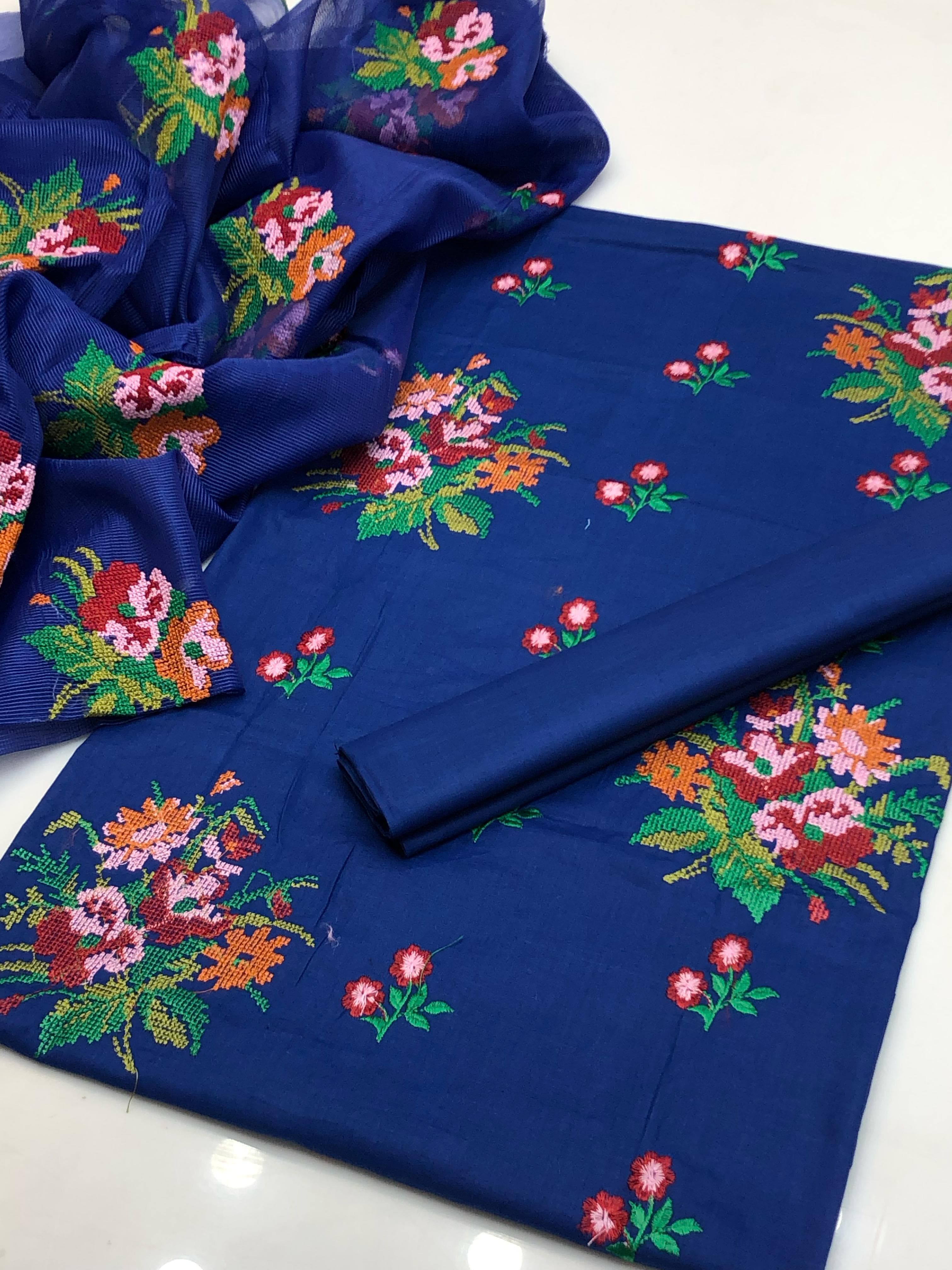 cotton Lawn Cross Stitch Computer Embroidery 3 Pcs Suit