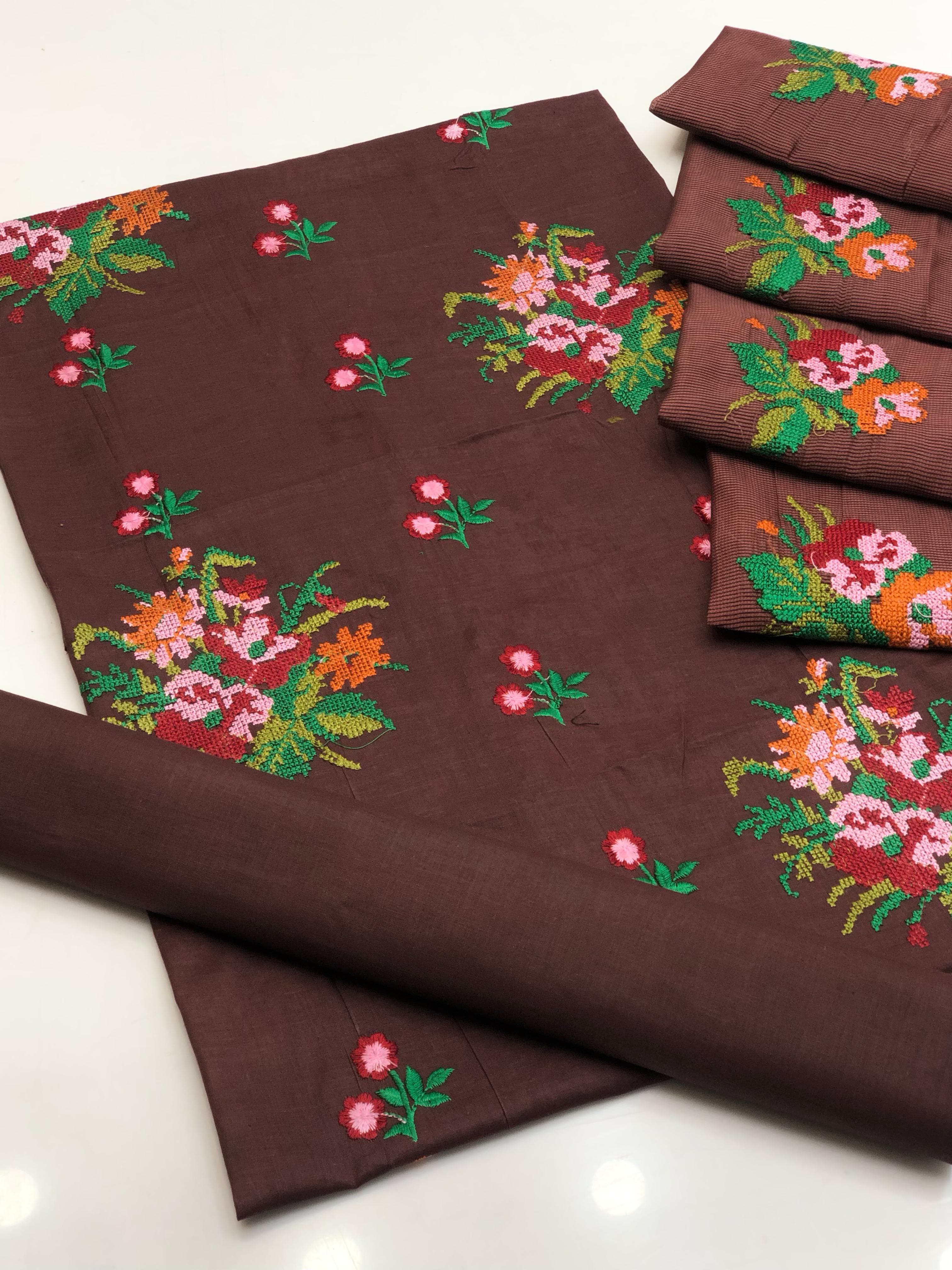cotton Lawn Cross Stitch Computer Embroidery 3 Pcs Suit